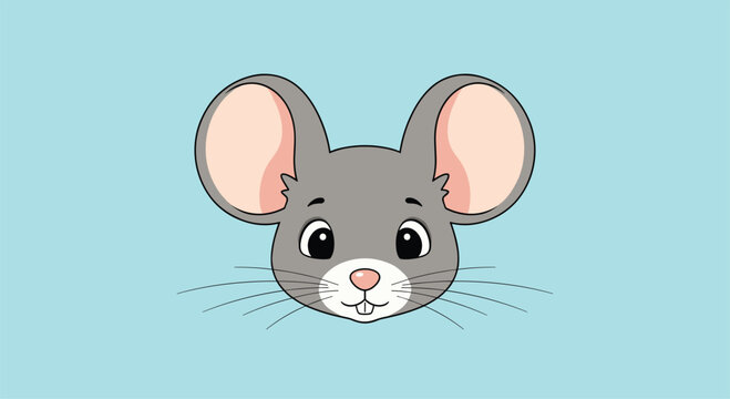 A cute cartoon mouse face with big ears and whiskers on a light blue background.