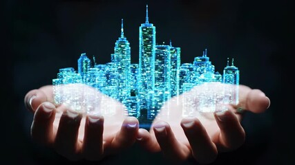Holding Future City in Hands at Night, Holographic Technology Concept, Futuristic Urbanization - Powered by Adobe