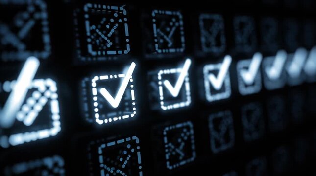 Digital interface with a series of glowing checkmark icons indicating completed tasks, symbolizing productivity, progress tracking, efficiency, and successful workflow in a modern, tech-driven environ