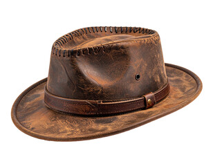 A weathered, brown leather hat with a brim, band, and stitched crown details