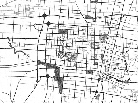 Black and white cartographic illustration of Zibo, China, in hand-drawn sketch form.