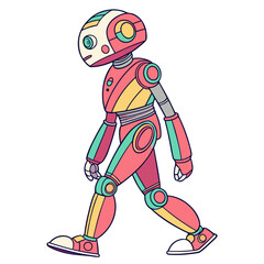Walking cartoon robot with coral and teal accents character