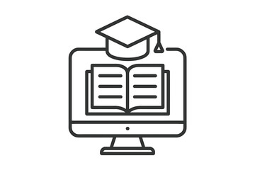 Online education and e-learning thin line icon. Vector concept for digital courses, tutorials, webinars. Computer with book and academic graduation hat for distance learning.