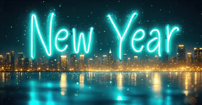 Bright neon text spells New Year over city skyline reflected in water. Festive, celebratory scene with sparkling lights.