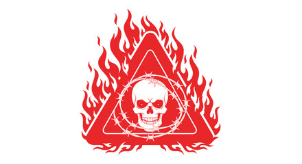A skull and crossbones symbol within a warning triangle engulfed in flames.