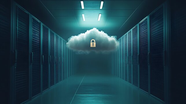 Encrypted Cloud Computing Security Illustration in Data Center Server Room - Powered by Adobe