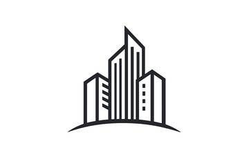 Real estate logo with skyscraper buildings skyline. Minimal vector design for construction, property or architecture company. Corporate identity brand mark for development.