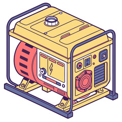 Yellow diesel generator with coral red accents and blue frame