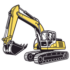 Yellow excavator machine with black bucket and tracks