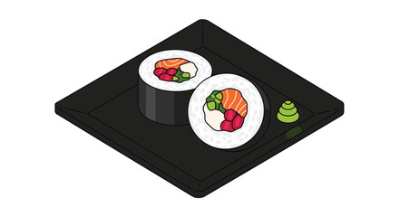 Delicious sushi rolls served on a black square plate with a dollop of wasabi.
