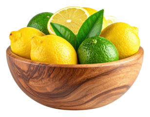 Wooden bowl overflowing with yellow lemons, green limes, and green leaves
