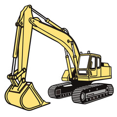 Yellow excavator machine with black tracks and bucket
