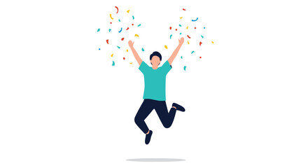 A joyful person jumps in the air celebrating a happy occasion with colorful confetti raining down.