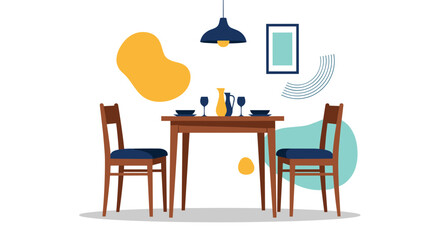 Cozy dining room setup with two chairs and a wooden table adorned with tableware and decorative elements.