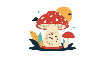 A whimsical clock tower shaped like a mushroom in a magical forest setting.