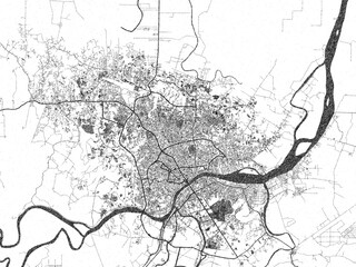 Hand-drawn style black and white city map of Palembang, Indonesia, with detailed streets and textures.