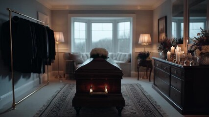 A wooden coffin with white flowers is placed in the center of a somber room prepared for a funeral viewing, representing concepts of death, grief, mourning, loss, and the final farewell
