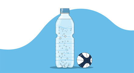 Clear plastic water bottle with a small patterned ball next to it.