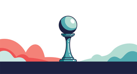 A solitary pixel art chess piece stands tall against a backdrop of abstract colorful clouds.