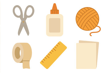 Craft tools set in flat design for DIY projects. Vector icons of scissors, glue, yarn, tape, ruler, paper. School supplies for art class. Handmade creativity concept.