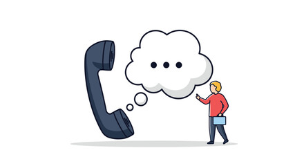 Business person communicating with a classic telephone device through a speech bubble with ellipsis.