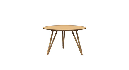 A round wooden coffee table with three slim tapered legs is positioned in the center of a plain white background.