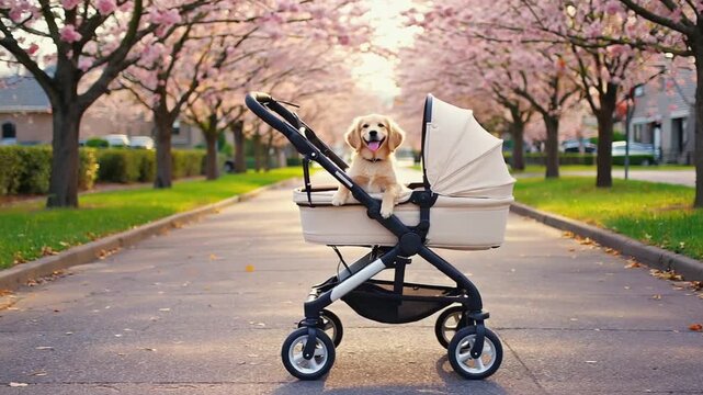 Dog in a baby stroller.