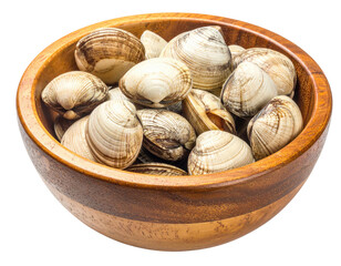 A wooden bowl overflowing with freshly harvested clams, ready to be cooked