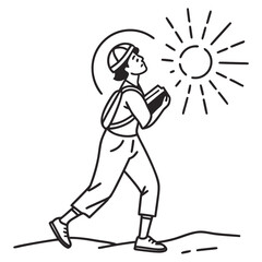 Person in cap and backpack holding books walks towards a bright shining sun on a white background