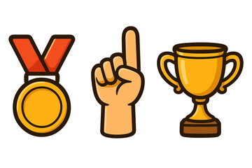 Winner icon set with gold medal, trophy cup, and first place hand sign. Champion award symbols for success, achievement, and victory in competition. Cartoon vector illustration.