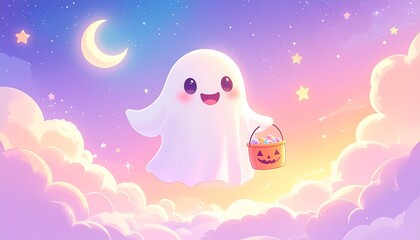 Fototapeta premium Pastel Halloween Illustration Kawaii Pastel Ghost with Candy Bucket and Stars cute spooky kawaii art for seasonal holiday design and decoration