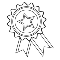 Simple black and white line drawing of a star award ribbon with serrated edges and two hanging ribbons
