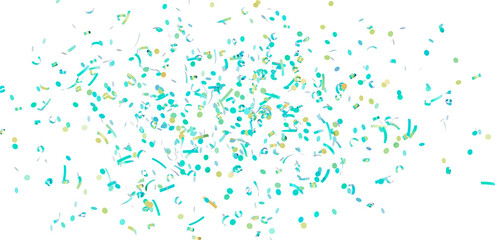 Beautiful image of teal and gold confetti falling on white background. Perfect for celebrations, parties, and festive designs.