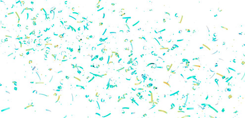 Beautiful image of teal and gold confetti falling on a white background. Perfect for celebrations and festive designs.