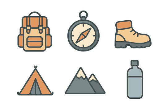 Vector camping icon set. Minimalist hiking equipment symbols: backpack, compass, boot, tent, mountain, water bottle. Outdoor adventure and travel elements. Flat cartoon design.