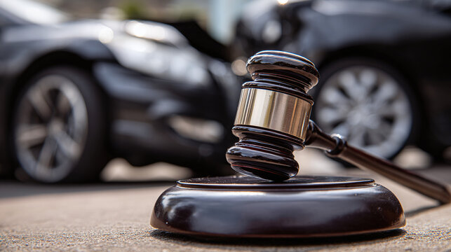 Law and accidents: A wooden gavel rests in front of two cars that have been in a car crash, symbolizing legal action and justice after an accident.