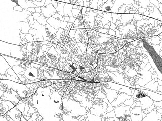 Hand-drawn style black and white city map of Dhanbad, India, with detailed streets and textures.