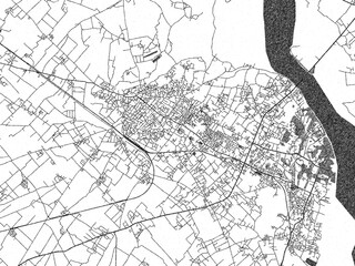 Naklejka premium Black and white illustrated map of Farrukhabad, India, with streets, rivers, and neighborhoods.