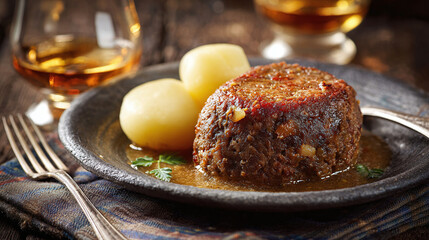 Traditional Scottish Haggis meal with potatoes, served on a rustic plate alongside a glass of amber-colored liquor. Authentic cuisine.