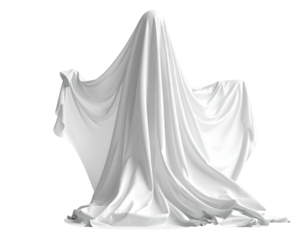 A white draped form with folds, resembling a ghost or spectral figure, isolated