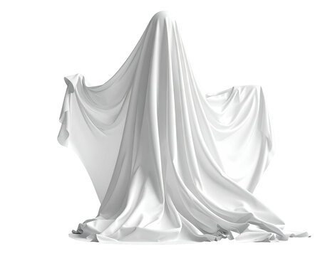 A white draped form with folds, resembling a ghost or spectral figure, isolated