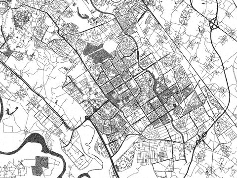 Stylized decorative city map of Greater Noida, India, hand-drawn in black and white.