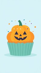 Pastel Halloween Illustration Minimal Pastel Cupcake with Pumpkin Icing Vector cute spooky kawaii art for seasonal holiday design and decoration