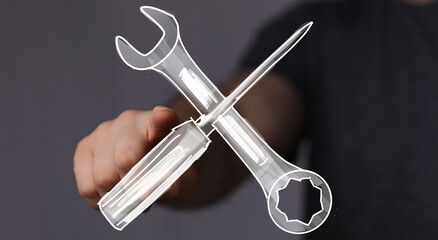 High-quality stock photo of a hand pointing at a wrench and screwdriver, ideal for repair, maintenance, or technical support concepts.