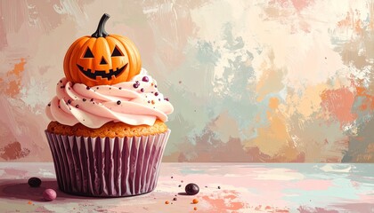 Pastel Halloween Illustration Vintage Pastel Halloween Cupcake Poster with Whimsical Style cute spooky kawaii art for seasonal holiday design and decoration