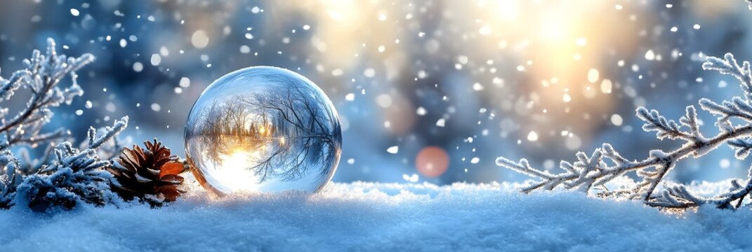 Beautiful winter scene with a crystal ball reflecting snowy nature at sunset