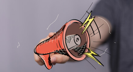 Sketch hand holding megaphone, loud announcement, news, marketing concept. Ideal for advertising,...