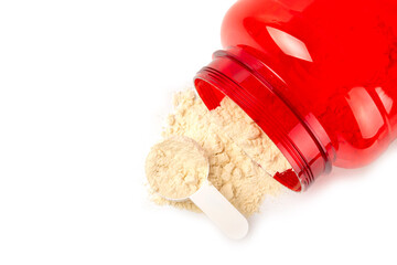 Protein powder.protein shake isolated on white background.Shaker bottle with protein.Food supplement.Whey protein powder with shaker for mixing.Sports nutrition.Concept of sports and healthy lifestyle