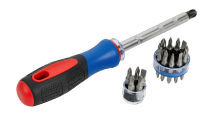 Ratchet screwdriver set with multiple bits for repair work isolated PNG with Transparent Background