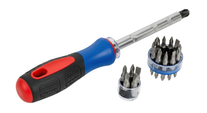 Ratchet screwdriver set with multiple bits for repair work isolated PNG with Transparent Background